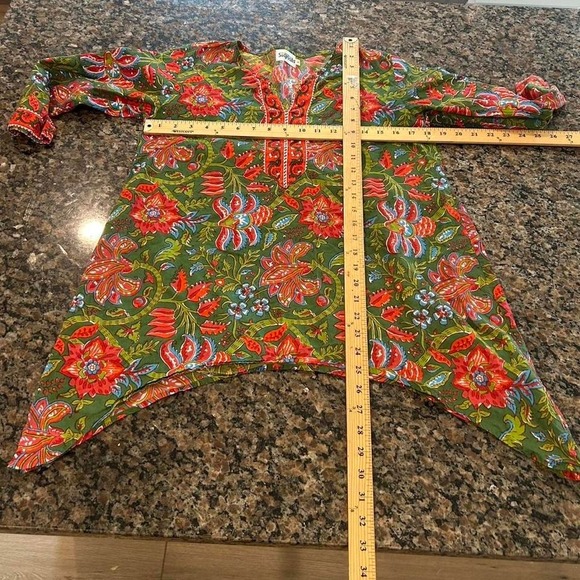 Vintage Olive Green floral paisley two piece cotton set with red accents - Picture 6 of 7